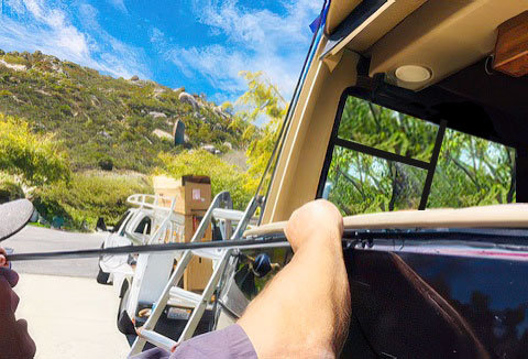 RV windshield replacement in progress
